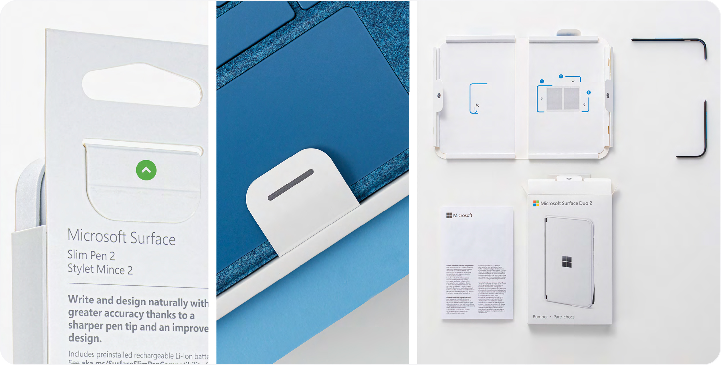 A collection of photos of Microsoft packaging focused on accessible labels, tabs, and trays.