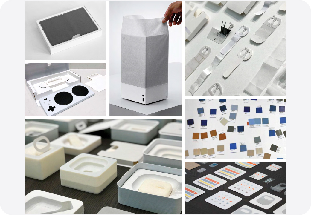 A collage of photos showing Microsoft packaging and design prototypes.