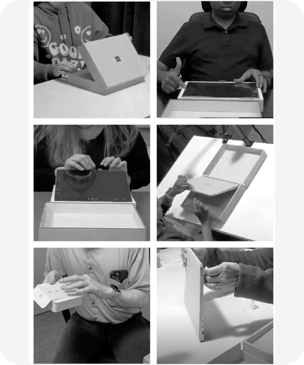 A collage of photos showing user research participants unboxing packaging concepts.