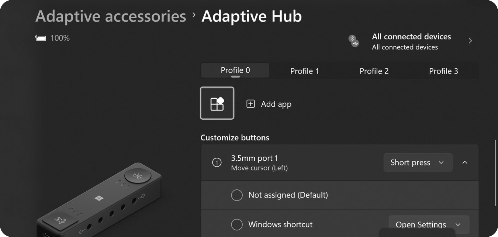 Microsoft Accessory Center interface showing customization options for an Adaptive Hub.