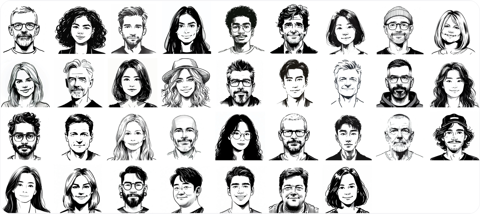 A gallery of headshots of the Microsoft Packaging and Content Team, rendered in a black and white illustrated style created by Microsoft Designer.