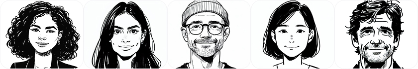 A gallery of headshots of the design guide team - Joann, Anna, Michael, Fangyuan, and Kevin.