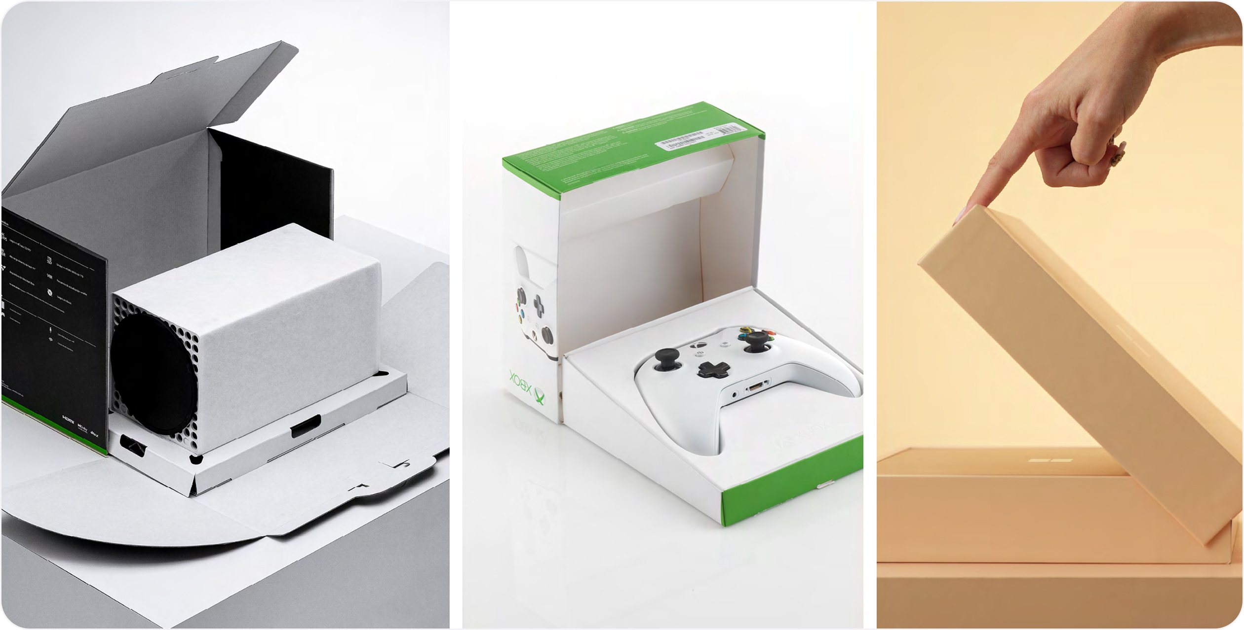 A collection of photos of Microsoft packaging showing hinged lids.