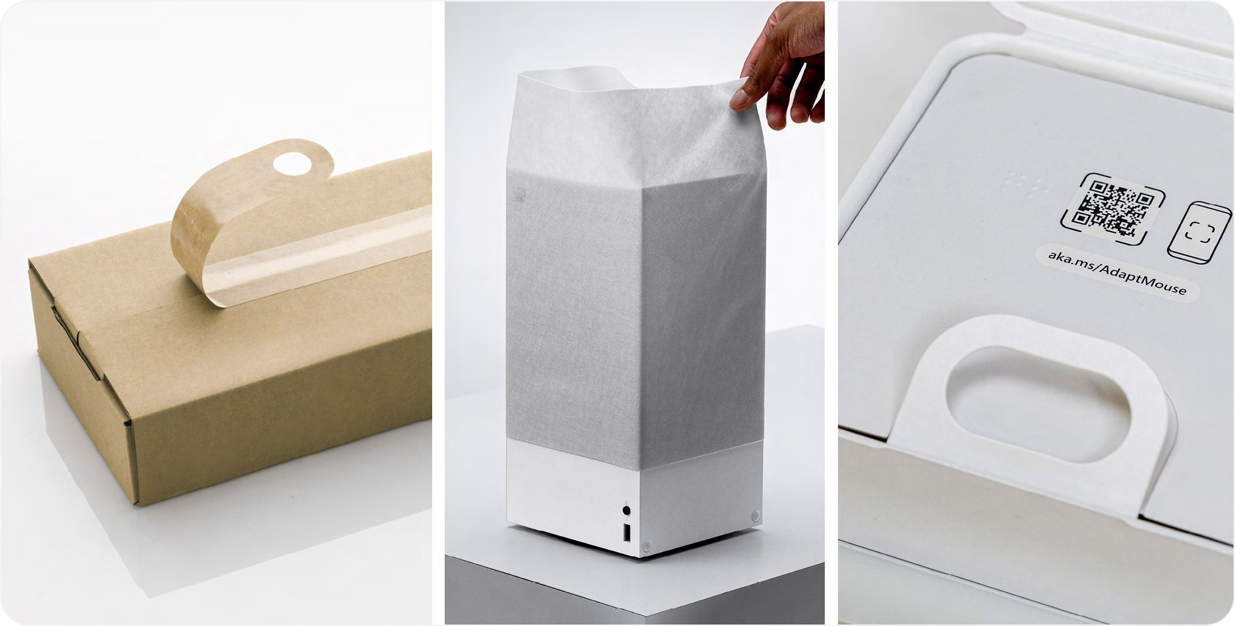 A collection of photos of Microsoft packaging highlighting accessible loops and an easy way to remove bamboo wrap.