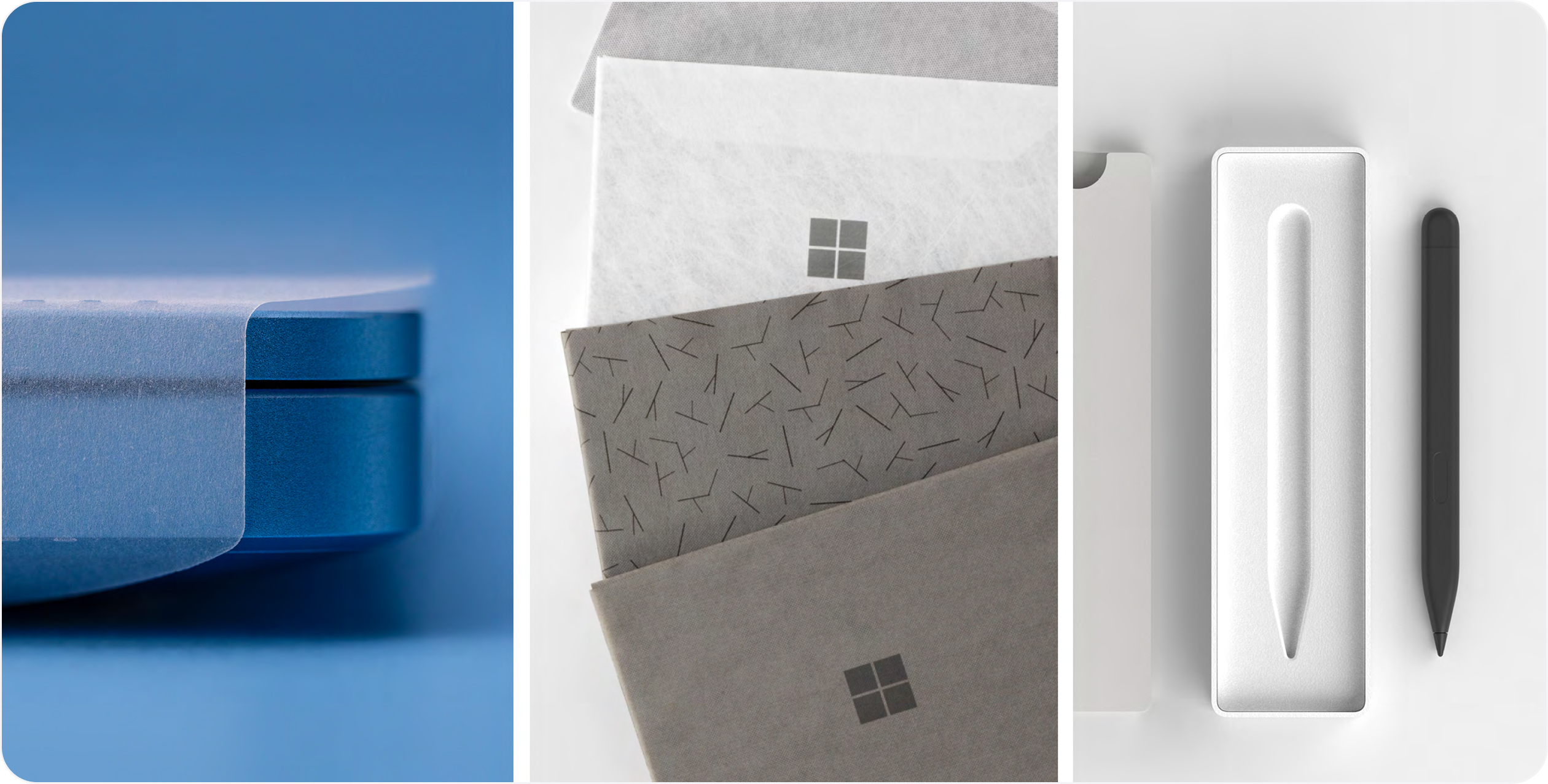 A collection of photos of Microsoft packaging made from different types of materials including velum paper, bamboo cloth, and molded pulp paper.