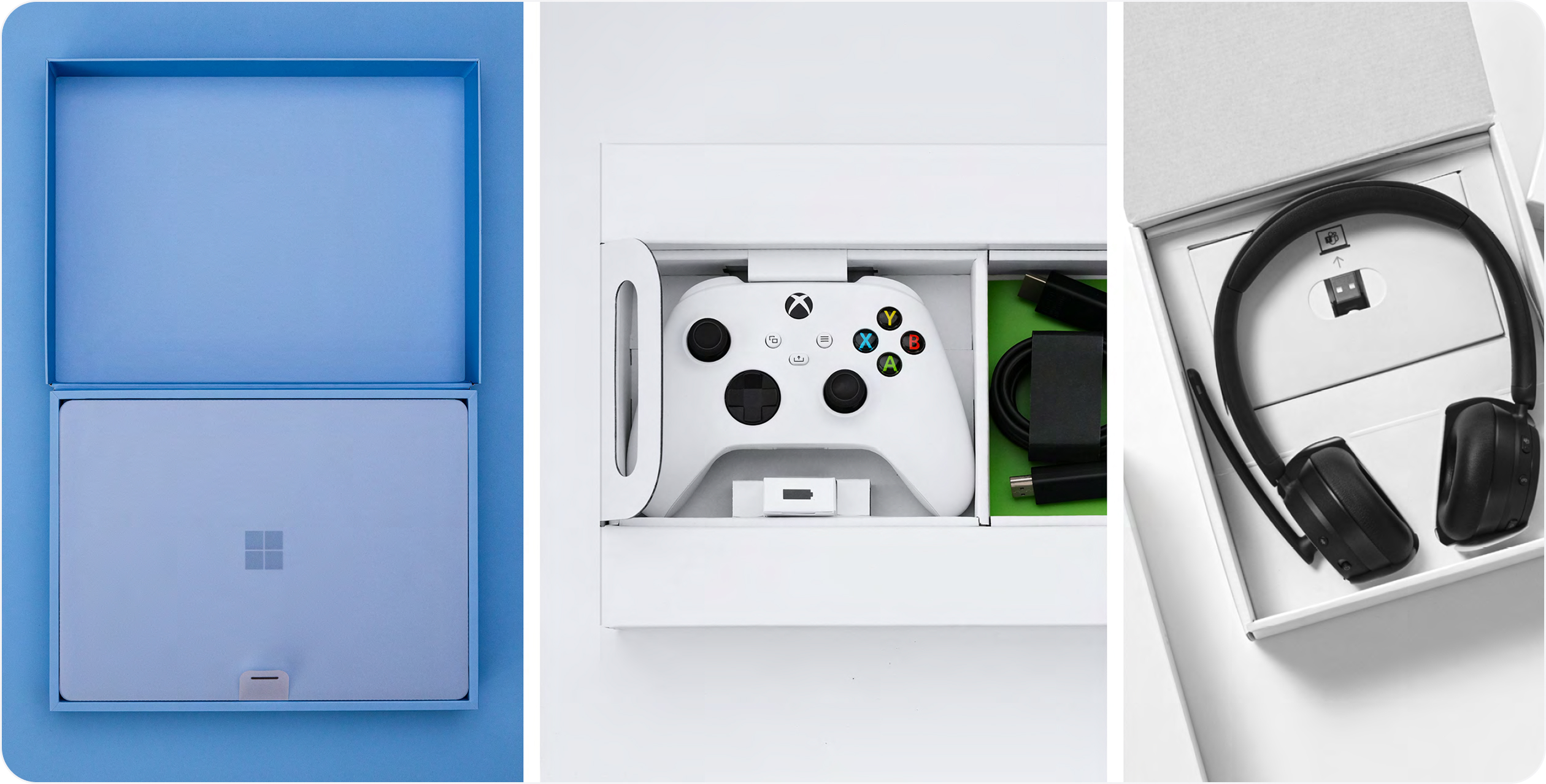 A collection of photos of Microsoft packaging showing different sizes and layouts.