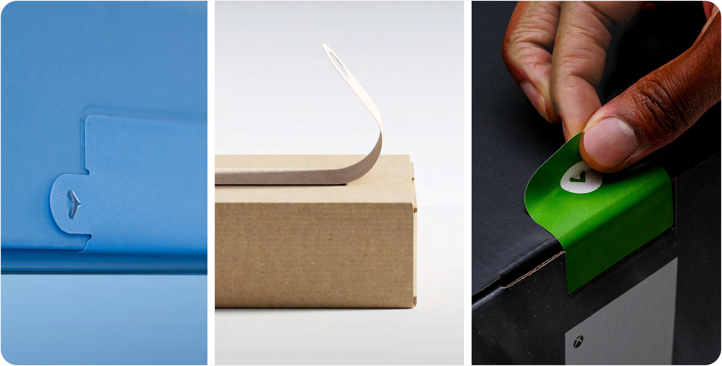 A collection of photos of Microsoft packaging featuring pull off tabs and tape.