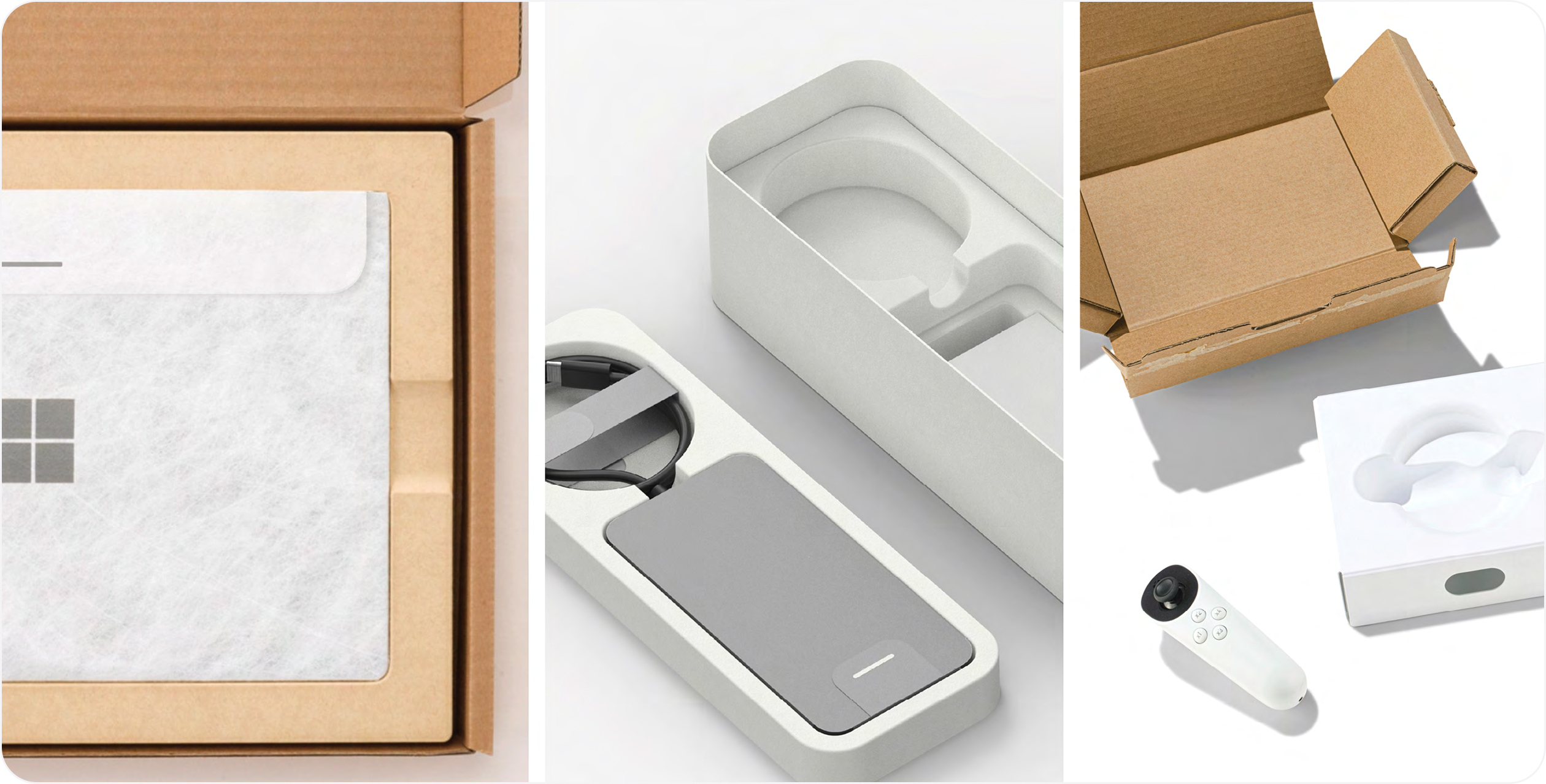 A collection of photos of Microsoft packaging showing ready access to the products.