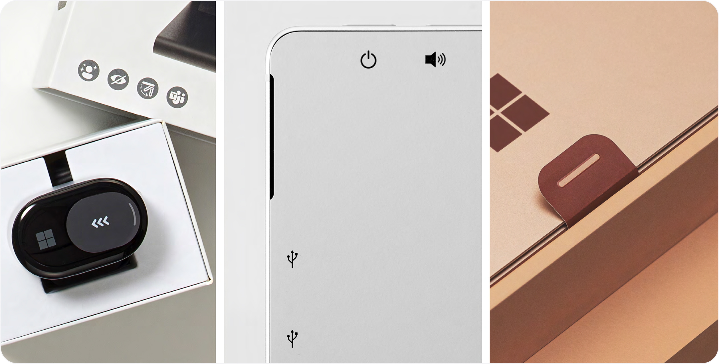 A collection of photos of Microsoft packaging focused on details such as wayfinding and feature icons.