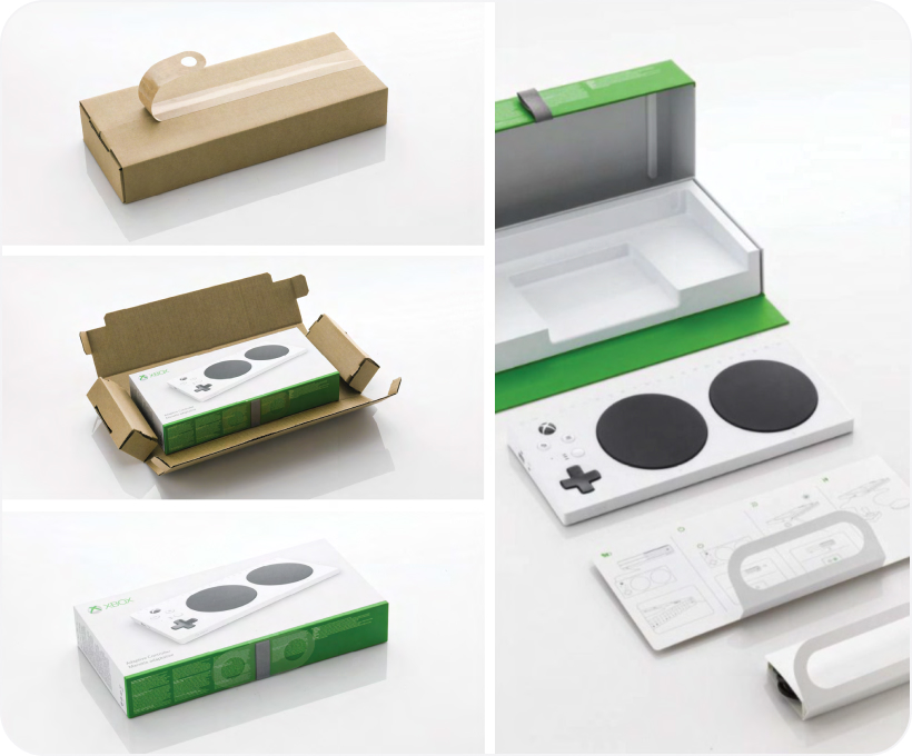 A series of photos of the xbox adaptive controller packaging showing the steps for opening, starting with peeling back the shipper tape and ending with all the packaging elements arrayed on a table.